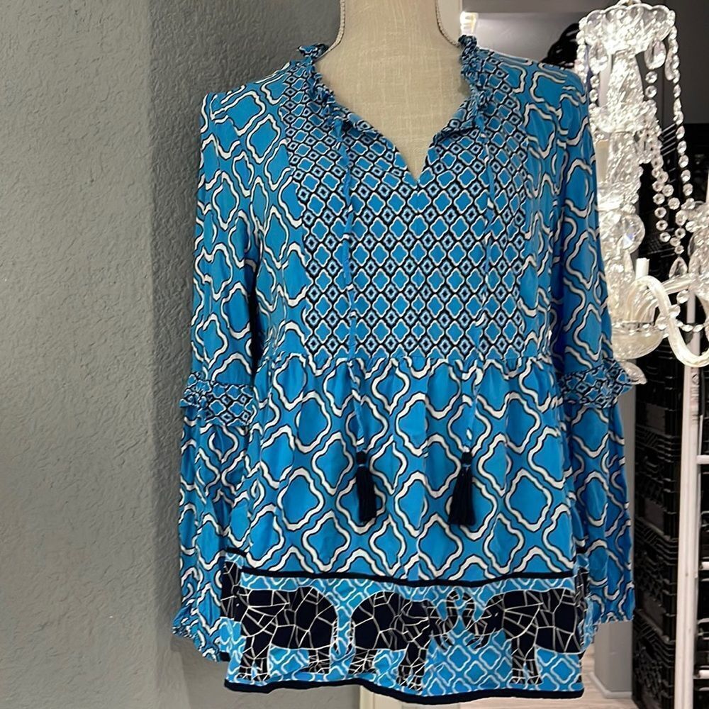 Crown and Ivy blur blouse with tassels, elephants and puff sleeves